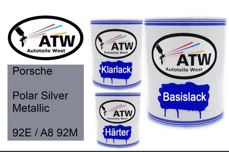 Porsche, Polar Silver Metallic, 92E / A8 92M: 1L Lackdose + 1L Klarlack + 500ml Härter - Set, von ATW Autoteile West.